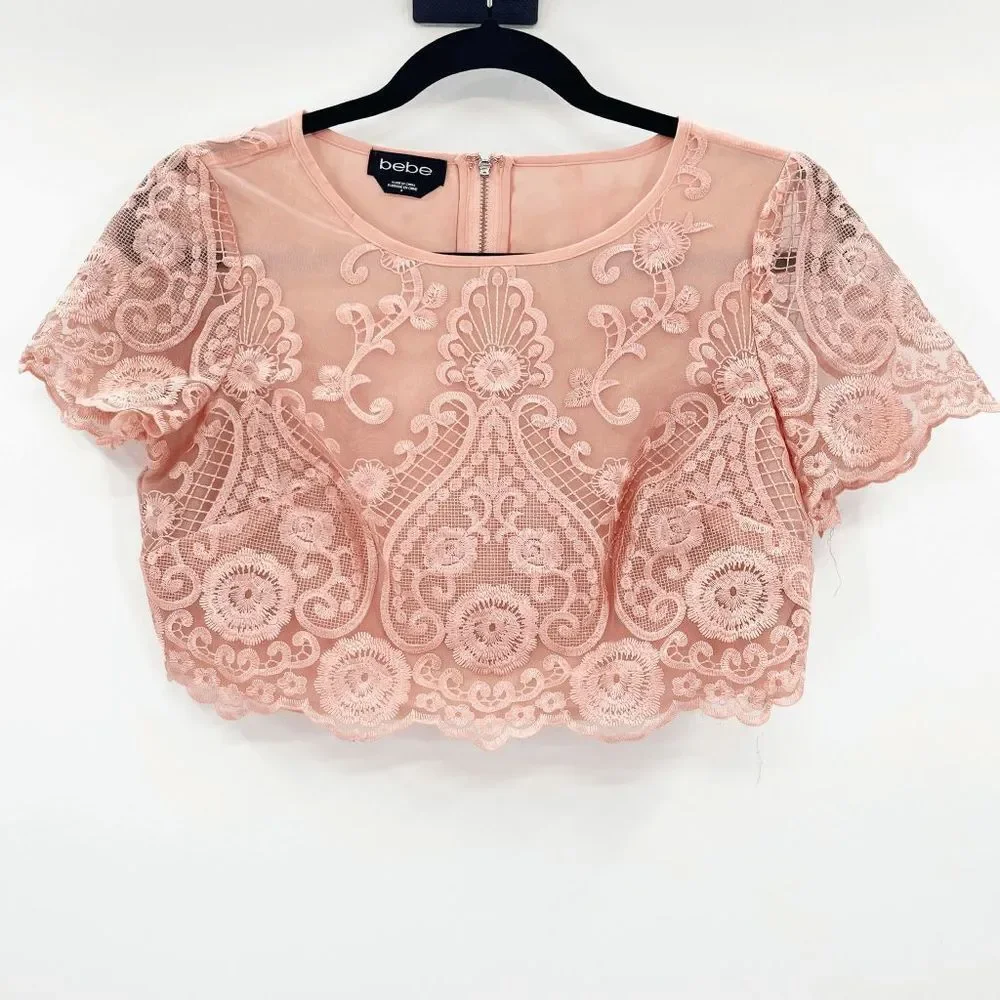 Bebe Orange Lace Scallop Hem Crop Top Women's Size 0‎ - Picture 2 of 5
